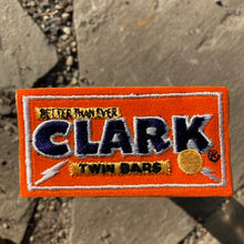 Vintage felt patch Clark Twin Bars candy bar for sale. With vintage orange felt, unused. New old stock collection.