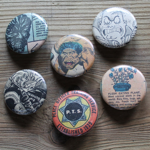 6 Vintage Comic Book pinback buttons: Caveman, Wolfman, Flesh Eating Plant, and more - RadCakes Shirt Printing