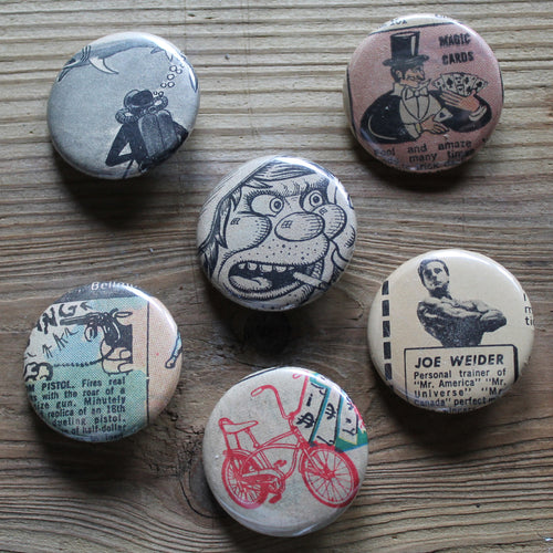 6 Vintage Comic Book pinback buttons: Banana Seat Bike, SCUBA diver, and more - RadCakes Shirt Printing