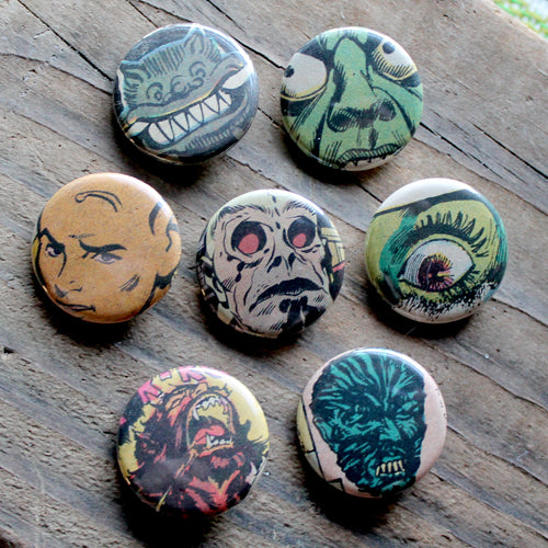 7 Retro Monster & Alien pinback buttons - RadCakes Shirt Printing