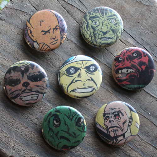 7 Horror Comic Book Monster & Alien pinback buttons - RadCakes Shirt Printing