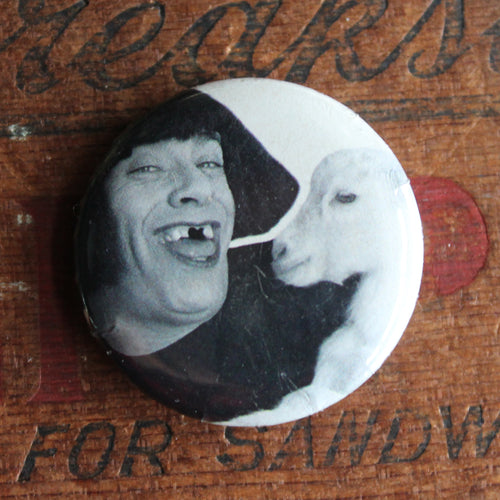 Creepy Man with Goat pinback button - RadCakes Shirt Printing