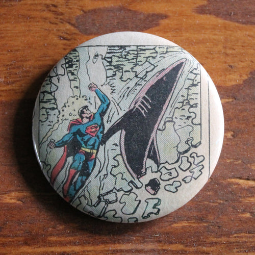 Superman punching a shark from an old DC Comic book on a pinback button by RadCakes