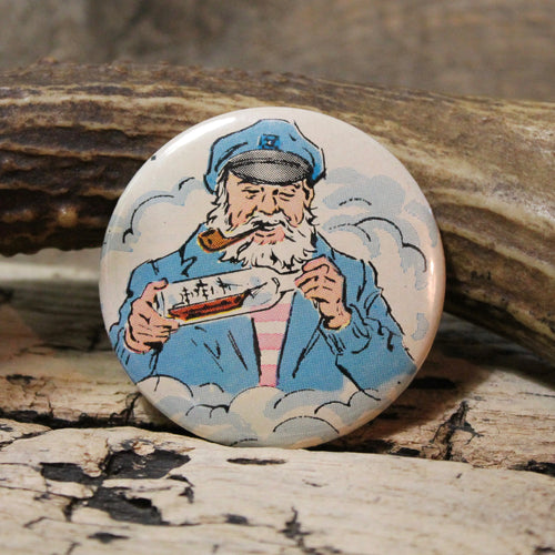 old sea captain pinback button for sale ship in a bottle art design