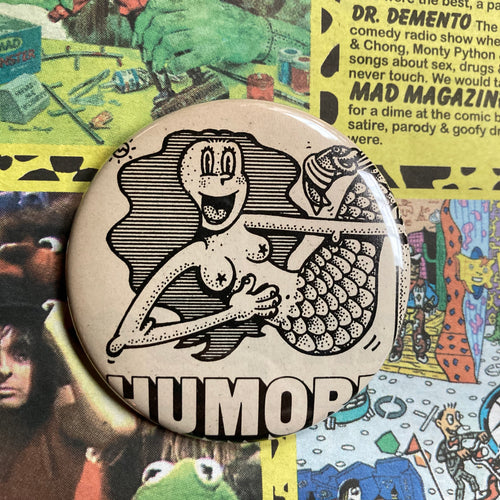 Topless Mermaid button for sale Retro artwork style vintage design comix punk fashion by Rad Shirts Custom Printing in Manasquan NJ